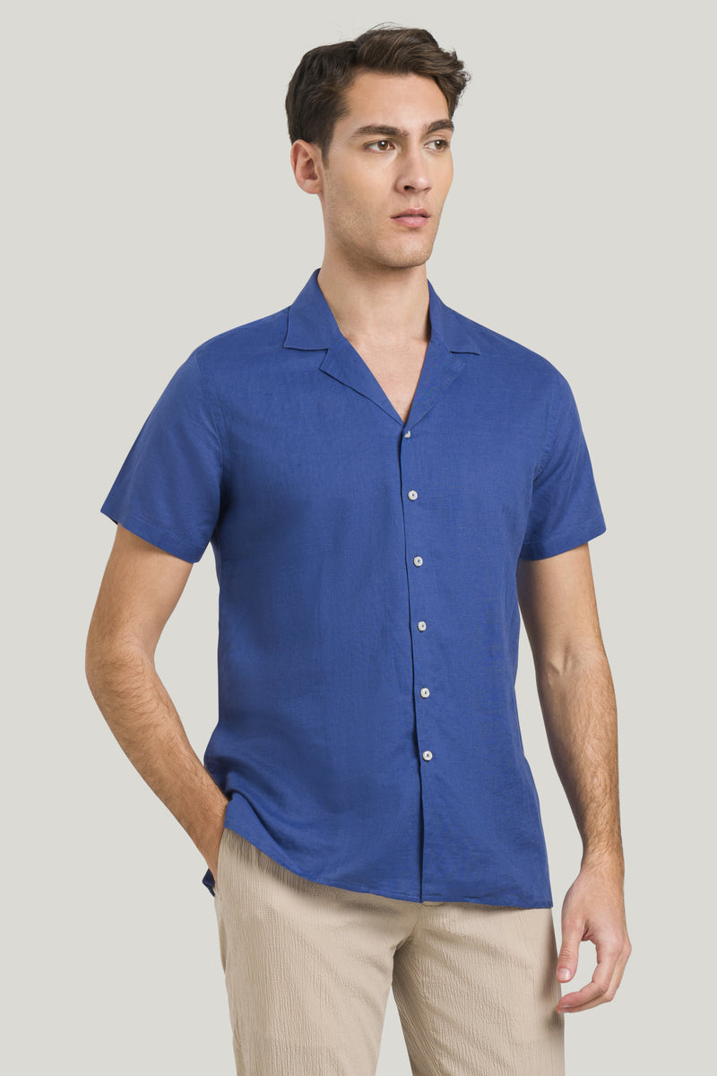 Camicia mezze maniche in misto lino blu royal