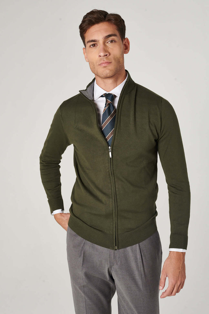 Sweater Golfino Verde Cardigan Uomo Con Zip Verde Sottotono